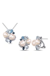 DELMAR CREATED WHITE SAPPHIRE, BLUE TOPAZ & 7.5-8MM CULTURED PEARL EARRINGS & NECKLACE SET