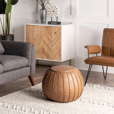 Nuloom Faux Leather Round Filled Ottoman Pouf