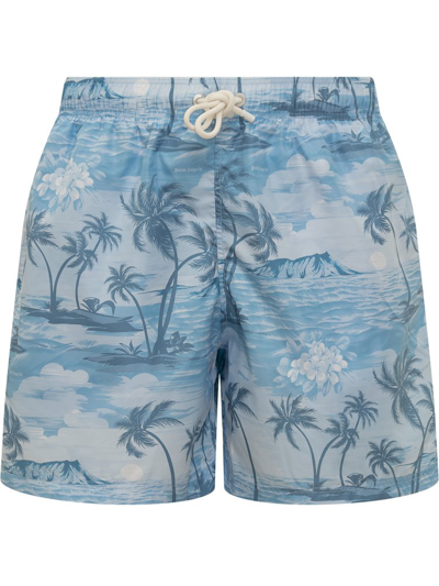 Palm Angels Sunset Printed Drawstring Swim Shorts In Blue