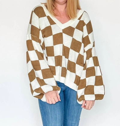 J.nna Checker Print Balloon Sleeve Sweater In Mocha In Brown