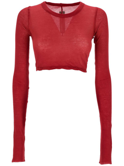 Rick Owens Long Sleeved Cropped Crewneck Top In Red