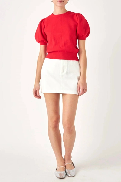 English Factory Women's Short Puff Sleeve Knit Top In Red
