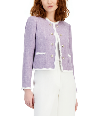 Tahari Asl Women's Fringe-trim Tweed Cropped Jacket In Lavender