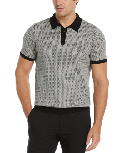 Perry Ellis Men's Tech Jacquard Geo Pattern Short Sleeve Polo Sweater In Black