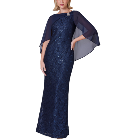 Jessica Howard Women's Chiffon Capelet Lace Gown In Navy