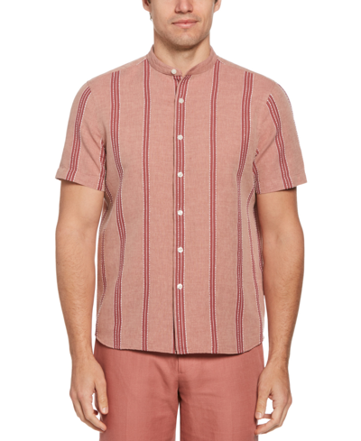 Perry Ellis Men's Band-collar Striped Short Sleeve Button-front Shirt In Roan Rouge