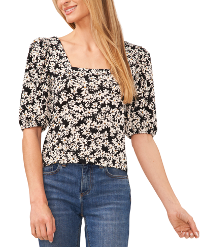 Cece Women's Ditsy Floral Square Neck Puff Sleeve Knit Top In Rich Black