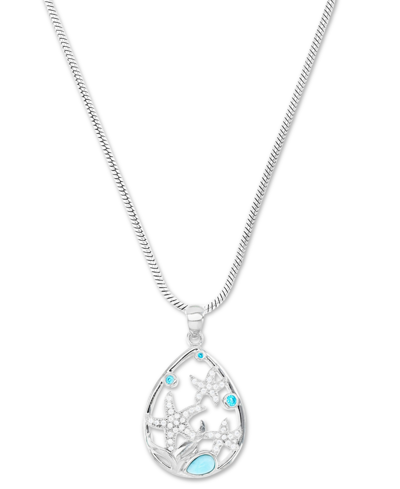 Macy's Larimar & Cubic Zirconia Starfish Adjustable 22" Pendant Necklace In Sterling Silver