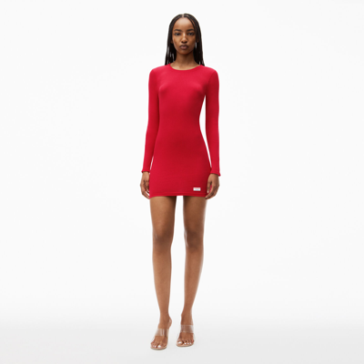 Alexander Wang Long Sleeve Crewneck Dress In Ribbed Cotton Jersey In Barberry