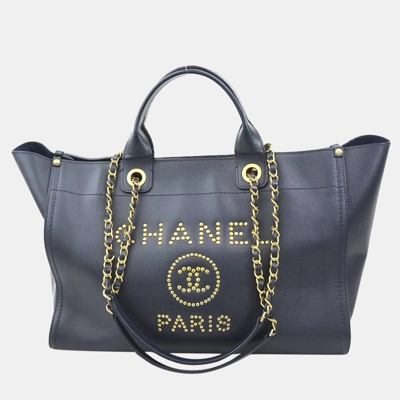 Pre-owned Chanel Blue Leather Large Deauville Totes In Navy Blue