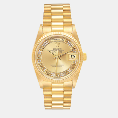 Pre-owned Rolex President Day-date Yellow Gold Myriad Diamond Men's Watch 18238 36 Mm