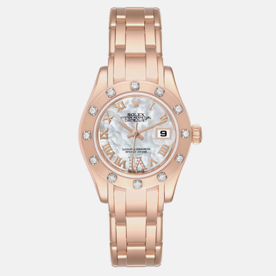 Pre-owned Rolex Pearlmaster Mother Of Pearl Dial Rose Gold Diamond Ladies Watch 80315 29 Mm In Silver
