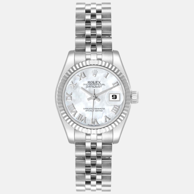 Pre-owned Rolex Datejust Steel White Gold Mother Of Pearl Dial Ladies Watch 179174 26 Mm In Silver