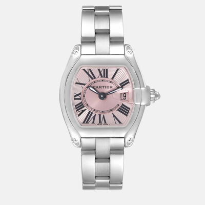 Pre-owned Cartier Roadster Small Pink Dial Steel Ladies Watch W62017v3 36 Mm X 30 Mm