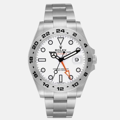 Pre-owned Rolex Explorer Ii White Dial Orange Hand Steel Mens Watch 216570 42 Mm