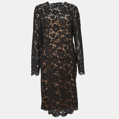 Pre-owned Valentino Black Lace Long Sleeve Sheath Dress L