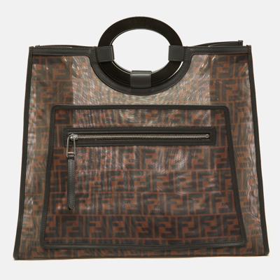 Pre-owned Fendi Tobacco Zucca Mesh And Leather Runaway Shopper Tote In Brown