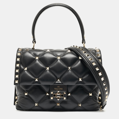 Pre-owned Valentino Garavani Black Quilted Leather Medium Candystud Top Handle Bag