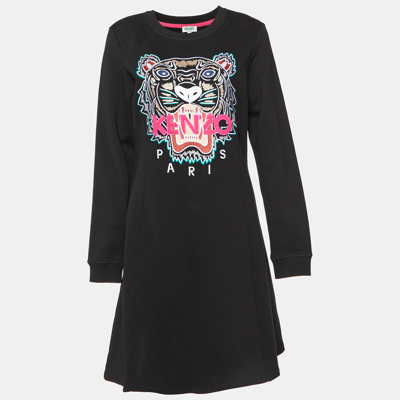 Pre-owned Kenzo Black Cotton Tiger Embroidered Sweater Dress L