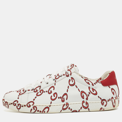 Pre-owned Gucci White/red Leather Ghost Gg Ace Trainers Size 40