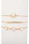Eye Candy Los Angeles Juliette Set Of 3 Cubic Zirconia Moon, Heart & Bar Slider Bracelets In Gold