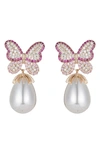 Eye Candy Los Angeles Jaci Cz Butterfly & Imitation Pearl Drop Earrings In Gold