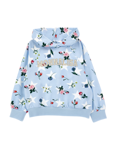 Monnalisa Kids'   Stars And Flowers Cotton Sweatshirt In Light Blue + White
