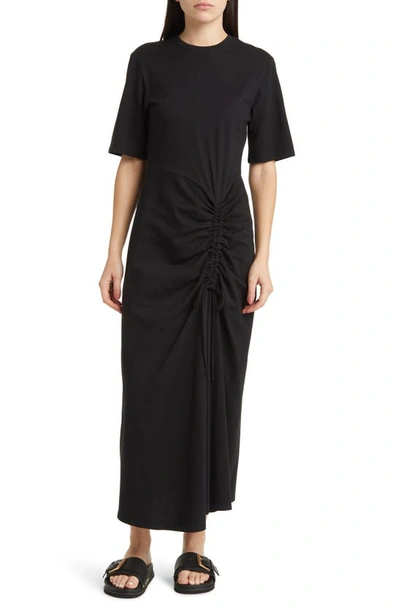 Frame Ruched Organic Cotton Maxi Dress In Black