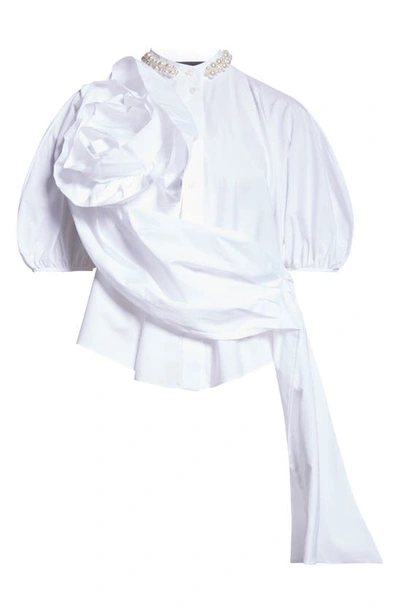 Simone Rocha Beaded Rose-sash Puff-sleeve Crop Shirt In White/ Pearl