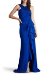 Tadashi Shoji Crossneck Side Ruffle Gown In Mystic Blue