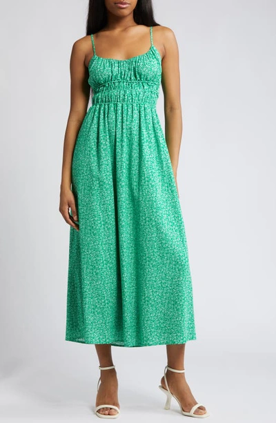 Charles Henry Floral Print Shirred Linen Blend Midi Dress In Green Ditsy