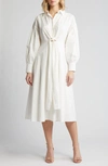 ZOE AND CLAIRE TIE WAIST LONG SLEEVE COTTON SHIRTDRESS