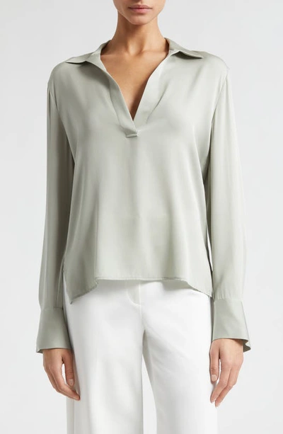 Vince Silk Stretch V Neck Top In Silver Sage