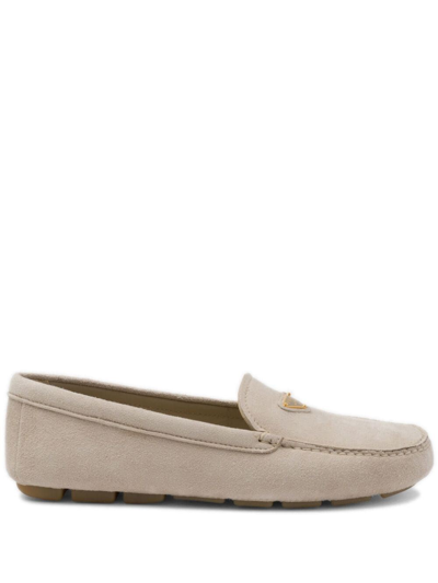 Prada Triangle-logo Suede Driving Loafers In Nude & Neutrals