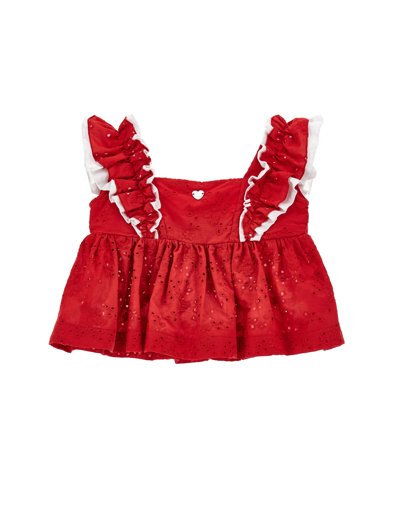 Monnalisa Muslin Top With Broderie Anglaise Embroidery In Red