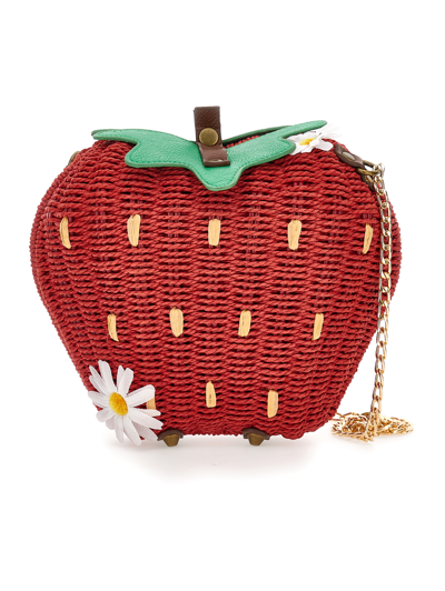 Monnalisa Maxi Strawberry Raffia Bag In Beige + Red