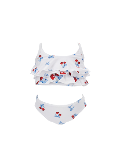Monnalisa Two-piece Swimsuit With Teddy Bear In White + Red