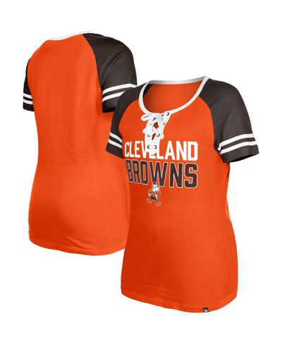 New Era Women's  Orange Distressed Cleveland Browns Throwback Raglan Lace-up T-shirt