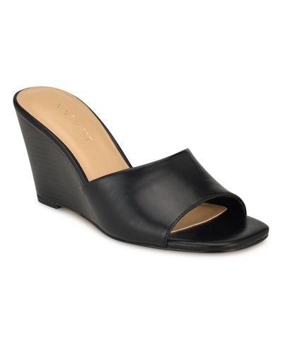 Nine West Women's Niya Square Toe Slip-on Wedge Dress Sandals In Black- Faux Leather- Polyurethane