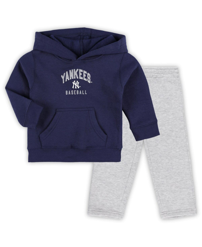 OUTERSTUFF BABY BOYS AND GIRLS NAVY, HEATHER GRAY NEW YORK YANKEES PLAY BY PLAY PULLOVER HOODIE AND PANTS SET