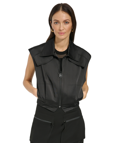 Dkny Women's Zip-front Shine Satin Cargo Sleeveless Jacket In Black