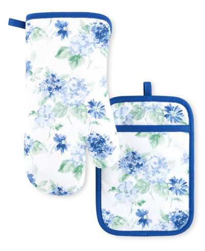 Martha Stewart Amber Floral Oven Mitt Pot Holder Oven Mitt 7" X 13", Pot Holder 7" X 10" 2 Pk In Blue