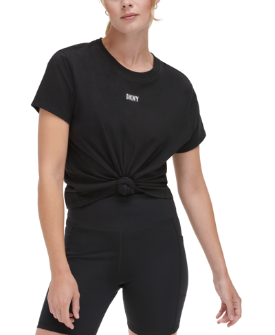 Dkny Sport Women's Knot-front Metallic Logo T-shirt In Black