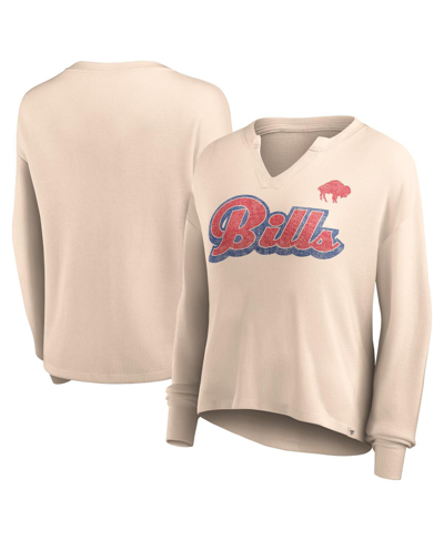 Fanatics Women's  Tan Distressed Buffalo Bills Go For It Notch Neck Waffle Knit Lightweight Long Slee