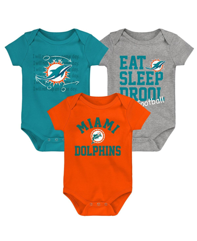 OUTERSTUFF BABY BOYS AND GIRLS AQUA, ORANGE, HEATHER GRAY MIAMI DOLPHINS THREE-PACK EAT, SLEEP AND DROOL RETRO 