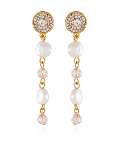 T Tahari Imitation Pearl And Light Pink Bead Dangle Earrings In Gold