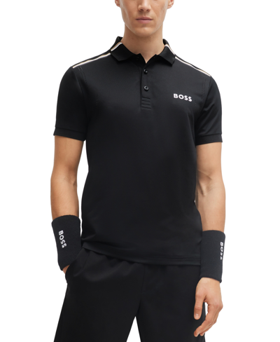 Hugo Boss Boss X Matteo Berrettini Slim-fit Polo Shirt With Signature Stripes In Black