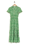 Max Studio Smocked Flutter Sleeve Maxi Dress In Cream Green Floral