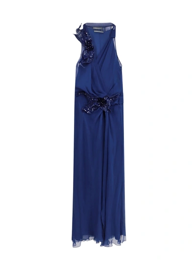 Alberta Ferretti Appliqué-detail Silk Maxi Dress In Blue