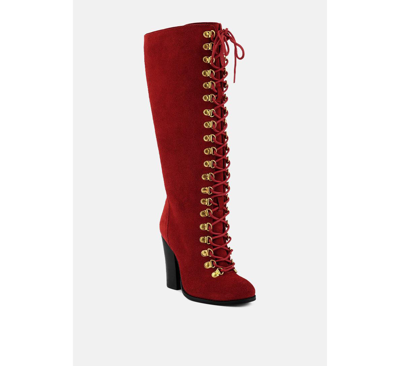 Rag & Co Sleet-slay Antique Eyelets Lace Up Knee Boots In Red